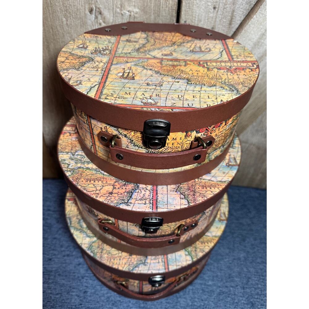 Vintage Old World Map Cardboard Nesting Hatbox Storage Metal Push Lock Accents - Picture 2 of 13